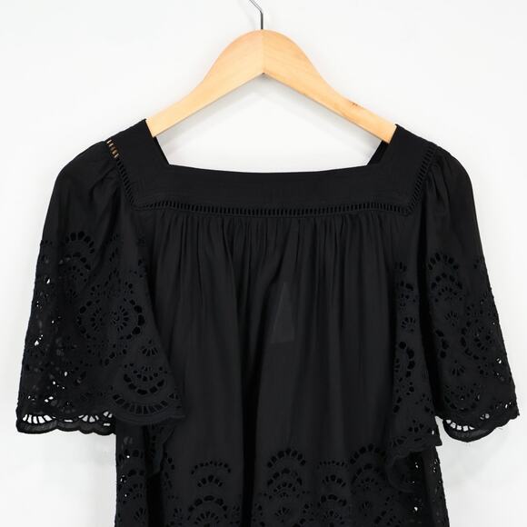 NWT Madewell Embroidered Eyelet Flutter-Sleeve Lace Trim Top Jet Black Small - Picture 7 of 11